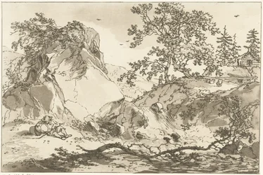 Heuvelachtig landschap met een rustende man Doce diseños calculados para el uso de quienes están aprendiendo a dibujar paisajes (título de la serie)