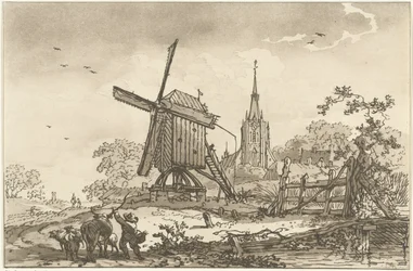 Paisaje con un molino de viento y una iglesia. Doce diseños calculados para el uso de quienes están aprendiendo a dibujar paisajes (título de la serie)