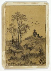 Cazador y perro en la colina observando pájaros