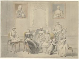 Los hijos de Pieter Cornelis Hasselaer y Clara Wendela Sautijn, cuyos retratos cuelgan en la pared, con su abuela Wendela Eleonora Reael
