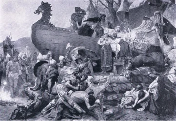 Cremación de un jefe en el este de Rusia, siglo X, ilustración de Landmarks in European History publicada por Gresham Publishing Co, c.1920