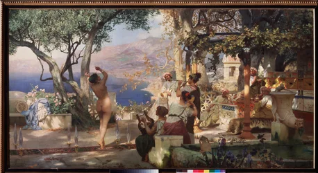 Danza del sable. (Una mujer desnuda baila entre espadas en equilibrio en la terraza de una villa italiana, al son de una lira y una flauta). Pintura de Henryk Siemiradzki (1843-1902), óleo sobre lienzo