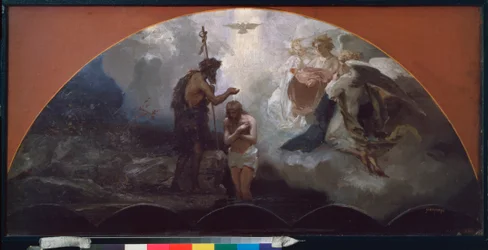 El bautismo de Cristo. (de San Juan Bautista, bajo la mirada de los ángeles celestiales y la paloma Espíritu Santo (Espíritu Santo). Obra de Henryk Siemiradzki (1843-1902), óleo sobre cartón