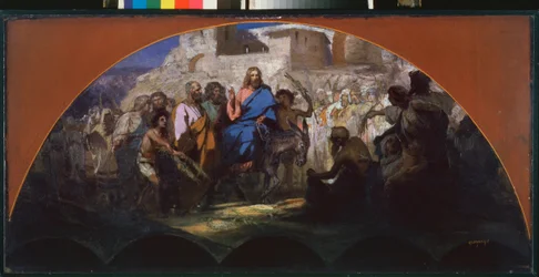 La entrada de Cristo en Jerusalén. (montado en un burro, rodeado de la multitud que saluda y coloca ramas en su camino). Obra de Henryk Siemiradzki (1843-1902), óleo sobre cartón