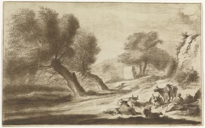 Paisaje con pastores y ganado descansando.