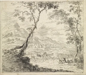 Paisaje con pescadores junto a un río.