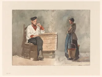 Marinero fumador, mujer con yugo y cubos de leche