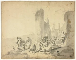 Escena portuaria con varias figuras
