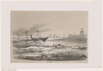 Barco en problemas en la playa durante la tormenta del 28 de mayo de 1860 La playa (título sobre el objeto) Álbum de diez bocetos litografiados, que representan a Tooneelen de la destrucción, agitados por la tormenta del 28 de mayo de 1860 en el 
