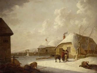 Figuras fuera de una cabaña en la nieve