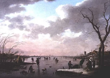 Escena de invierno, figuras en el hielo