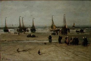 Paisaje costero con barcos de pesca y pescadores
