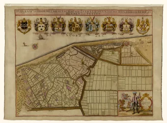 Mapa del dique de Hondsbossche y de las dunas cerca de Petten
Dykgraaf en hoogheemraetschap der Zeeweeringen van den Hondsbossche y Duynen tot Petten (título en el objeto)