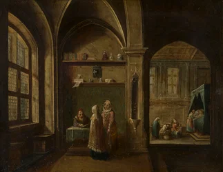 Un interior renacentista con figuras : El nacimiento de San Juan, c.1600-49 (óleo sobre cobre)