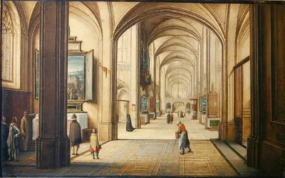 Interior de iglesia con un sacristán mostrando una pintura a los visitantes, 1608
