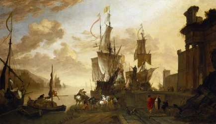Navegación en Livorno (Italia), dos barcos amarrados al muelle, descripción idealizada del principal puerto de Toscana, la encrucijada marítima entre Oriente y el mundo musulmán, representado por el camello y figuras no europeas, y Europa, simbolizada por