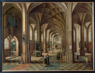 Interior de una iglesia, Sacristán mostrando el altar a los visitantes ...