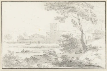 Paisaje de estilo italiano con edificio fortificado al fondo
