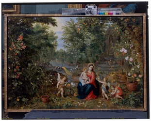 La Virgen y el Niño sentados en un jardín con putti, pájaros y animales