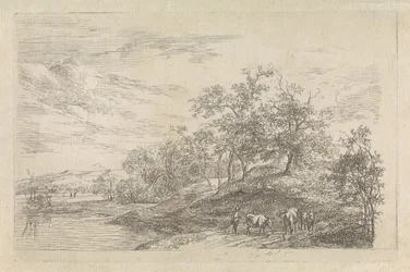 Paisaje montañoso con un pastor con vacas.