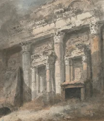 Fachada de un templo romano en ruinas (?), con columnas y portada