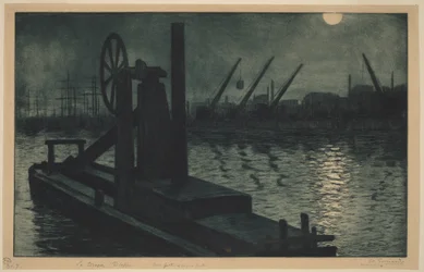La draga de Dieppe, una draga en el puerto de Dieppe a la luz de la luna