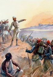 Crisis de Fachoda: El capitán Jean Baptiste Marchand (1863-1934) y sus Tirailleurs senegaleses marchan hacia Fachoda, en Sudán, para convertirla en protectorado francés, julio de 1898" (Incidente de Fachoda: El comandante Jean-Baptiste Marchand atraviesa Á