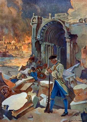 Campaña de las Indias (1778-1783): vista de la batalla de Trinquemalay en agosto de 1782 en Ceilán, que enfrentó al ejército francés de Suffren contra el británico del almirante Hugues" (Guerra revolucionaria americana: Indias Orientales: la batalla de Tri