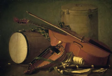 Instrumentos musicales, tambor, violín, flauta y zanfoña, de Henri Horace Roland de la Porte (1724-1793). Francia