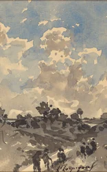 Un paisaje con figuras caminando por un sendero