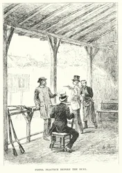 Práctica con pistola antes del duelo (grabado)