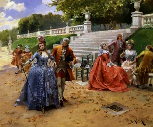 Un paseo vespertino. Un paseo por la tarde. Conversación y jóvenes hablando. Pintura de Henri-Victor Lesur (Henri Victor Lesur