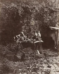 Naturaleza muerta: Olla, jarra y verduras sobre una mesa de caballete, c. 1852 (foto)