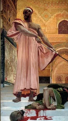 Ejecución sin juicio bajo los reyes moros. El verdugo parte la cabeza del culpable. Pintura de Henri Regnault (1843-1871), 1870, dimensiones 3,02 x 1,46 m, París, Museo de Orsay