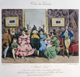 Representación humorística del comportamiento y la conversación de los invitados antes de la cena, grabado por François Seraphin Delpech (1778-1825)
