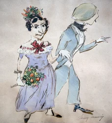 Pareja con ramo". Acuarela de Henri Monnier (1805-1877) Dibujante francés. Hombre Mujer