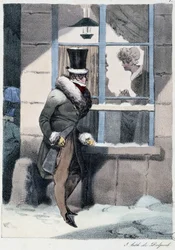 Hombre curioso mirando por la ventana dentro de una casa: "Everyone Takes His Pleasure Where He Finds Him" - en "Les Pastemps" de Henri Monnier, ed. Delpech, París