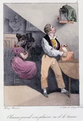 Hombre que cría pájaros mientras su esposa lo engaña: “Cada uno toma su placer donde lo encuentra” - en “Los pasatiempos” de Henry Monnier, ed. Delpech, París, v.1830