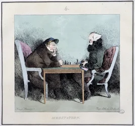 Meditación: jugadores de ajedrez - en "Esquisses parisiennes" por Henri Monnier, ed. Delpech, París