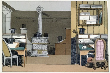 Dos horas: paseos en el interior del Ministerio, sombreros reemplazan a los ausentes - en "Administrative mores" por Henri Monnier