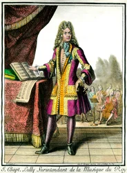 Retrato de pie de Jean Baptiste Lully (Giovanni Battista Lulli) (1632-1687) Superintendente de la Música del Rey. Grabado por Henri Bonnart (1642-1711)