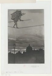 Equilibrista con paquete en la espalda sobre una ciudad Portada para: Henri Béraldi, Les Graveurs du XIXe siècle (...), 1888