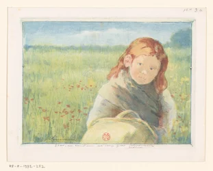 Chica con cesta en un prado de flores