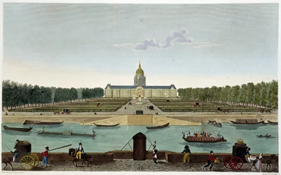 Vista del Campo de Marte y el Hôtel des Invalides tomada del otro lado del Sena (Cours la Reine) - en "Vues de Paris" de Courvoisier
