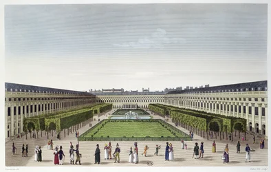 Vista de los jardines del Palais Royal, vista desde las Galerías de Bois, grabado por Aubert Fils, c.1815-20