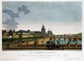 Vista del mercado de flores, puente de intercambio y puente nuevo - en "Vues de Paris" de Courvoisier