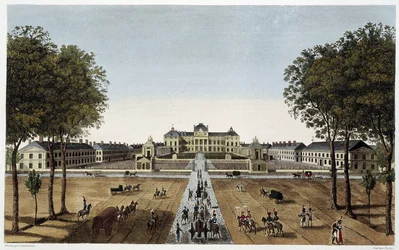 Vista de la Escuela Real Militar, vista de la avenida Vaugirard, ca. 1820 - en "Vues de Paris" de Courvoisier