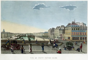 Vista del puente Notre-Dame en Vues de Paris de Courvoisier