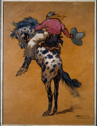 Rodeo: "Vaquero sobre un caballo bronco cabreado" Dibujo de Henri Deluermoz (1876-1943) Siglo XX La Rochelle, Musee du Nouveau Monde