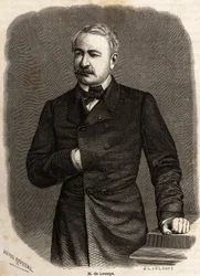 Retrato de Ferdinand de Lesseps (1805-1894) diplomático y empresario, promotor de los dos ambiciosos proyectos: los Canales de Suez y Panamá, dibujo de Henri Rousseau, para ilustrar una excursión al Canal de Suez en 1862 por Paul Merruau. Grabado en 
